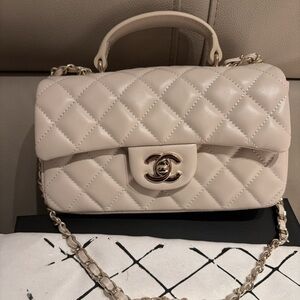 CHANEL Quilted Top Handle Shoulder Bag in Light Cream with Gold Hardware